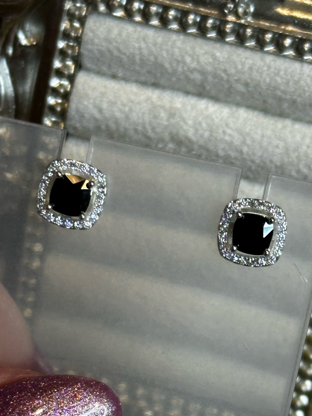 Gold Over Sterling Silver Stud Earrings Black Cushion Cut Cubic Zirconia Halo